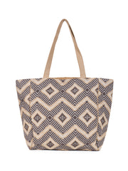 PRIMROSE Bohemian Tote Bag with Sequin Embellishments, Fringe Detail, Geometric Pattern, Beige and Grey