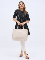 PRIMROSE Striped Cotton Tote Bag, Large Shopping Bag, Beige and White