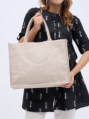 PRIMROSE Striped Cotton Tote Bag, Large Shopping Bag, Beige and White