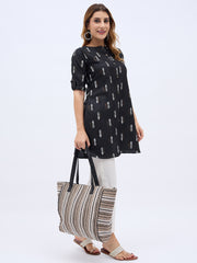 PRIMROSE Striped Canvas Tote Bag, Large Beach Shopper with Black Handles, Beige and White