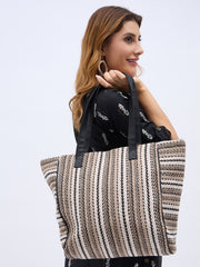 PRIMROSE Striped Canvas Tote Bag, Large Beach Shopper with Black Handles, Beige and White
