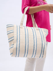 PRIMROSE Canvas Beach Tote Bag, White with Blue Stripes, Large Casual Shoulder Bag