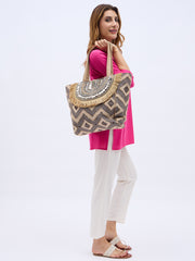 PRIMROSE Bohemian Tote Bag with Sequin Embellishments, Fringe Detail, Geometric Pattern, Beige and Grey