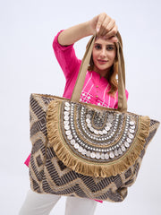 PRIMROSE Bohemian Tote Bag with Sequin Embellishments, Fringe Detail, Geometric Pattern, Beige and Grey