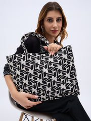 PRIMROSE Geometric Pattern Canvas Tote Bag, Black and White, Casual Shopping Shoulder Bag