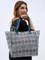 PRIMROSE Large Canvas Tote Bag, Grey and Navy Diamond Pattern, Geometric Print Shopping Shoulder Bag