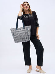 PRIMROSE Large Canvas Tote Bag, Grey and Navy Diamond Pattern, Geometric Print Shopping Shoulder Bag