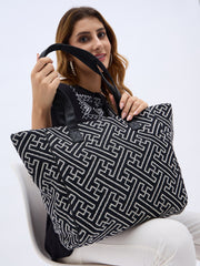 PRIMROSE Geometric Pattern Canvas Tote Bag, Black and White Design, Large Shoulder Shopper