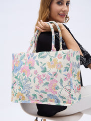 PRIMROSE Floral Canvas Tote Bag, Cotton Material, Pink Blue Yellow Pattern, Spacious Design,Double Handle