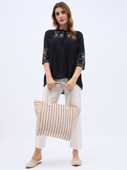 PRIMROSE Striped Canvas Tote Bag, Large Beach Shopper Handbag, Beige and White