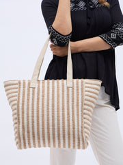 PRIMROSE Striped Canvas Tote Bag, Large Beach Shopper Handbag, Beige and White
