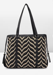 PRIMROSE Chevron Pattern Tote Bag for Women, Black and Beige