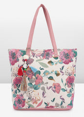 PRIMROSE Floral Cotton Tote Bag, Pink with Beige Handles,Tassel Detail