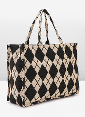 PRIMROSE Diamond Pattern Tote Bag for Women, Black and Beige