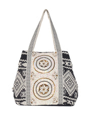 PRIMROSE Boho Embroidered Tote Bag, Black and White Geometric Pattern, Shell Medallion Design, Cotton Canvas