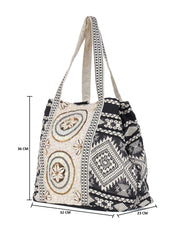 PRIMROSE Boho Embroidered Tote Bag, Black and White Geometric Pattern, Shell Medallion Design, Cotton Canvas