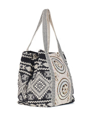 PRIMROSE Boho Embroidered Tote Bag, Black and White Geometric Pattern, Shell Medallion Design, Cotton Canvas