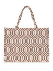 PRIMROSE Canvas Tote Bag, Brown and White Geometric Pattern, Cotton Canvas Material, Zipper Closure