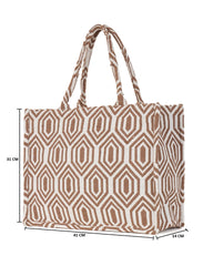 PRIMROSE Canvas Tote Bag, Brown and White Geometric Pattern, Cotton Canvas Material, Zipper Closure