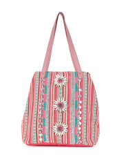 PRIMROSE Boho Beach Tote Bag, Pink Striped with Shell Flowers, Turquoise Accents, Sequin Details