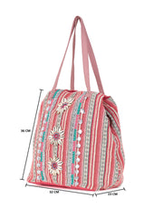 PRIMROSE Boho Beach Tote Bag, Pink Striped with Shell Flowers, Turquoise Accents, Sequin Details