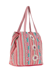 PRIMROSE Boho Beach Tote Bag, Pink Striped with Shell Flowers, Turquoise Accents, Sequin Details