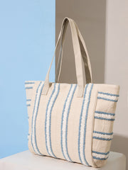 PRIMROSE Canvas Beach Tote Bag, White with Blue Stripes, Large Casual Shoulder Bag