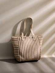 PRIMROSE Striped Canvas Tote Bag, Large Beach Shopper Handbag, Beige and White