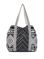 PRIMROSE Bohemian Tote Bag, Black and White Geometric Pattern, Cotton Canvas Shoulder Straps