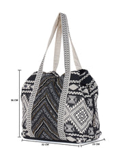 PRIMROSE Bohemian Tote Bag, Black and White Geometric Pattern, Cotton Canvas Shoulder Straps