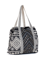 PRIMROSE Bohemian Tote Bag, Black and White Geometric Pattern, Cotton Canvas Shoulder Straps