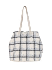 PRIMROSE Large Canvas Tote Bag, Plaid Pattern, White and Black Check, Long Handles