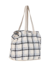 PRIMROSE Large Canvas Tote Bag, Plaid Pattern, White and Black Check, Long Handles