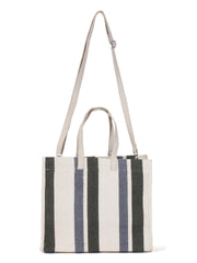 PRIMROSE Striped Canvas Tote Bag, Dual Carry Handles, Adjustable Shoulder Strap, White Grey Green