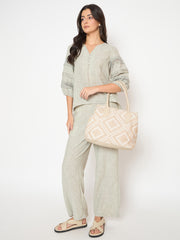 PRIMROSE Geometric Pattern Canvas Tote Bag, Beige and White Diamond Design, Double Handle