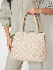 PRIMROSE Geometric Pattern Canvas Tote Bag, Beige and White Diamond Design, Double Handle