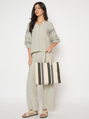 PRIMROSE Striped Canvas Tote Bag, Dual Carry Handles, Adjustable Shoulder Strap, White Grey Green