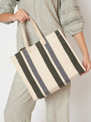 PRIMROSE Striped Canvas Tote Bag, Dual Carry Handles, Adjustable Shoulder Strap, White Grey Green