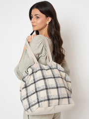 PRIMROSE Large Canvas Tote Bag, Plaid Pattern, White and Black Check, Long Handles