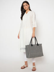 PRIMROSE Houndstooth Canvas Tote Bag, Black and White Pattern, Double Handle