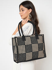 PRIMROSE Houndstooth Pattern Canvas Tote Bag, Black and White Checkered Design, Double Handle