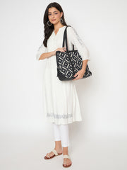 Geometric Pattern Tote Bag, Black and White Diamond Design, Double Handle Shoulder Bag with Side Ties