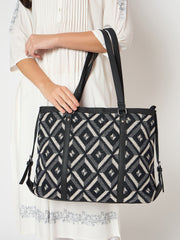 Geometric Pattern Tote Bag, Black and White Diamond Design, Double Handle Shoulder Bag with Side Ties