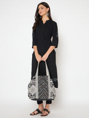 PRIMROSE Bohemian Tote Bag, Black and White Geometric Pattern, Cotton Canvas Shoulder Straps