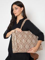 PRIMROSE Canvas Tote Bag, Brown and White Geometric Pattern, Cotton Canvas Material, Zipper Closure