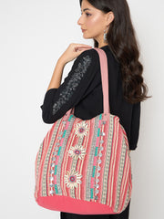 PRIMROSE Boho Beach Tote Bag, Pink Striped with Shell Flowers, Turquoise Accents, Sequin Details