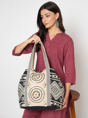 PRIMROSE Boho Embroidered Tote Bag, Black and White Geometric Pattern, Shell Medallion Design, Cotton Canvas