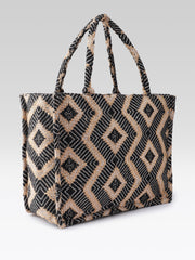 PRIMROSE Jute Tote Bag, Black and Natural Diamond Pattern, Handwoven