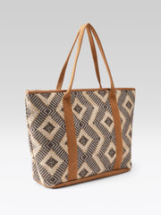 PRIMROSE Woven Tote Bag, Geometric Pattern, Brown and Beige