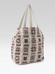 PRIMROSE Embroidered Tote Bag, Beige Brown White, Shoulder Bag with Decorative Straps